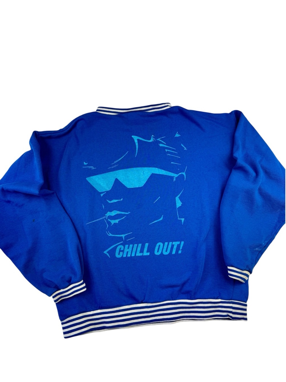 Vintage Chill Out Graphic Varsity Crewneck Sweatshirt Striped Blue Cuffs 1980s